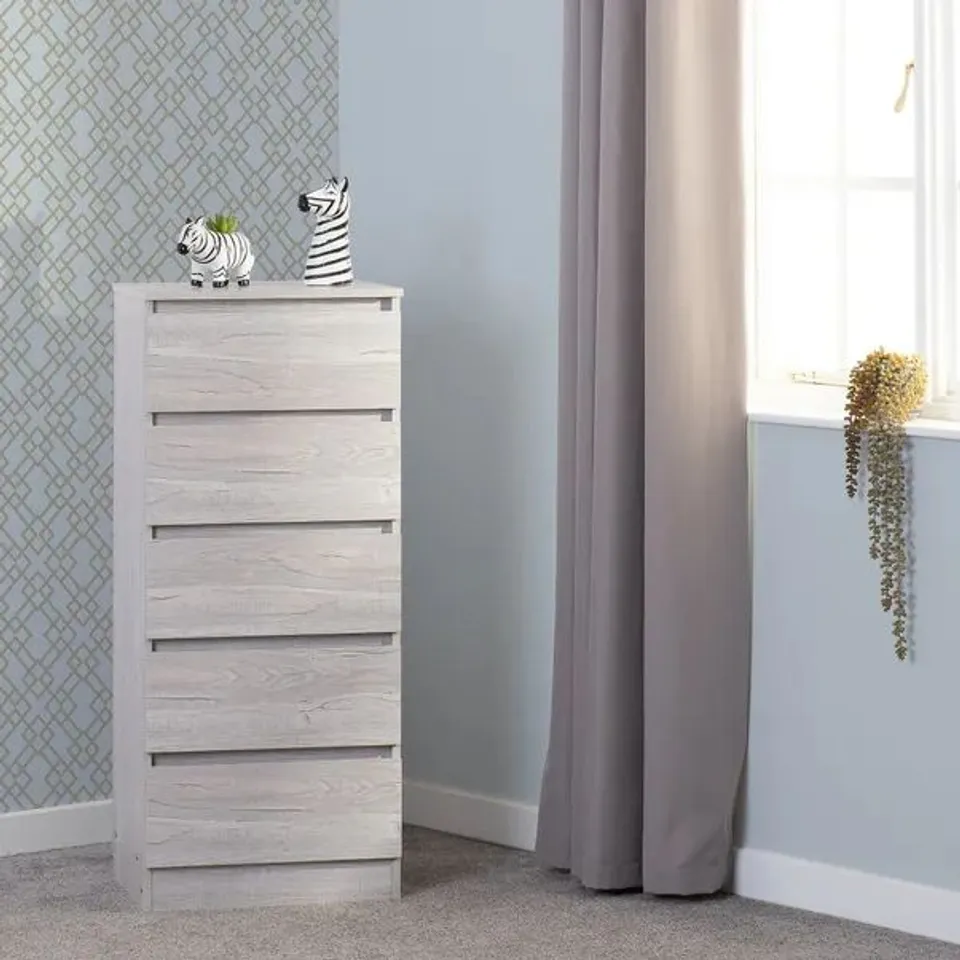 BOXED MALVERN 5 DRAWER NARROW CHEST - URBAN SNOW