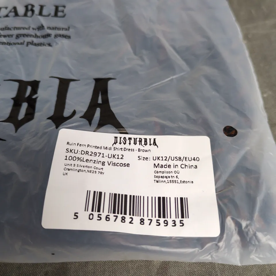 DISTURBIA RUIN FERN PRINTED MIDI SHIRT DRESS BROWN UK 12 BAGGED WITH TAGS