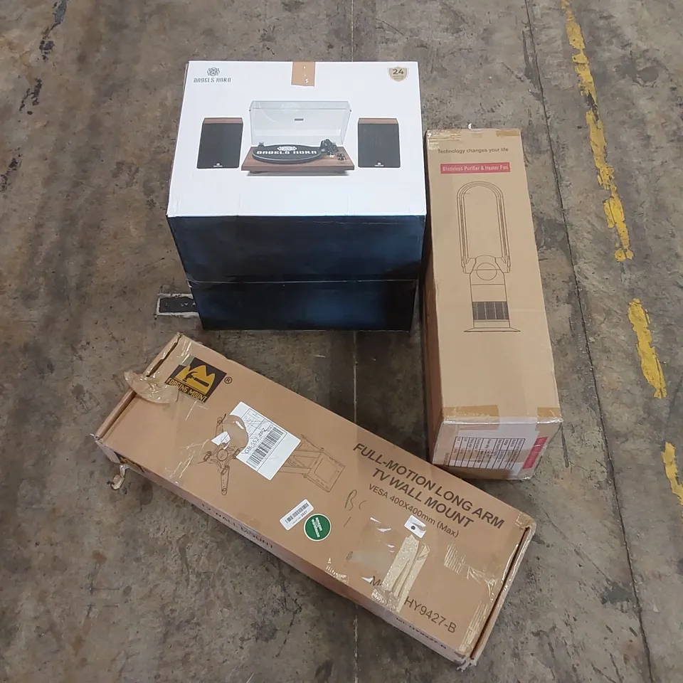 PALLET OF ASSORTED HOUSEHOLD ITEMS AND CONSUMER PRODUCTS TO INCLUDE; TV WALL MOUNT, RECORD PLAYER SOUND SYSTEM, BLADELESS PURIFIER & HEATER FAN, FOOT SIMULATOR ETC