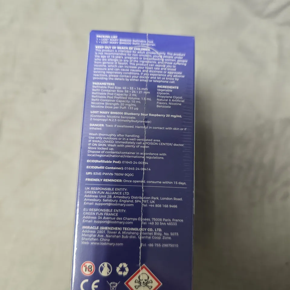 LOST MARY BM6000 REFILLABLE POD KIT – BLUEBERRY SOUR RASPBERRY - 20MG/ML, 5-PACK