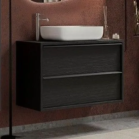 BRAND NEW BOXED RAYA WOODEN 79CM WALL VANITY UNIT WITH 2 DRAWERS IN BLACK ASH 92×79×43CM (2 BOXES)