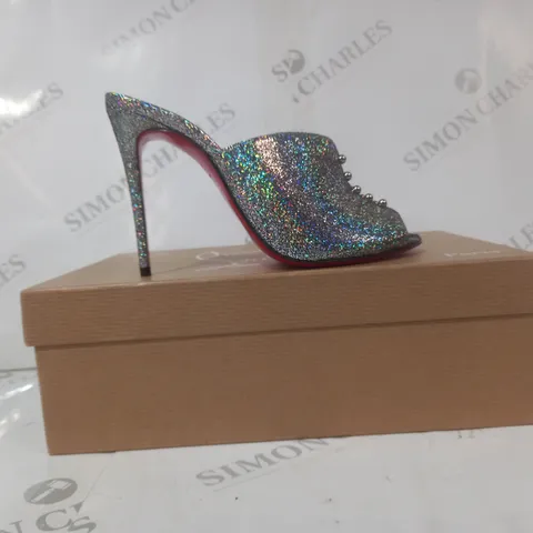 BOXED PAIR OF CHRISTIAN LOUBOUTIN HIGH HEEL MULES IN METALLIC SILVER W. PRISMATIC EFFECT EU SIZE 35.5