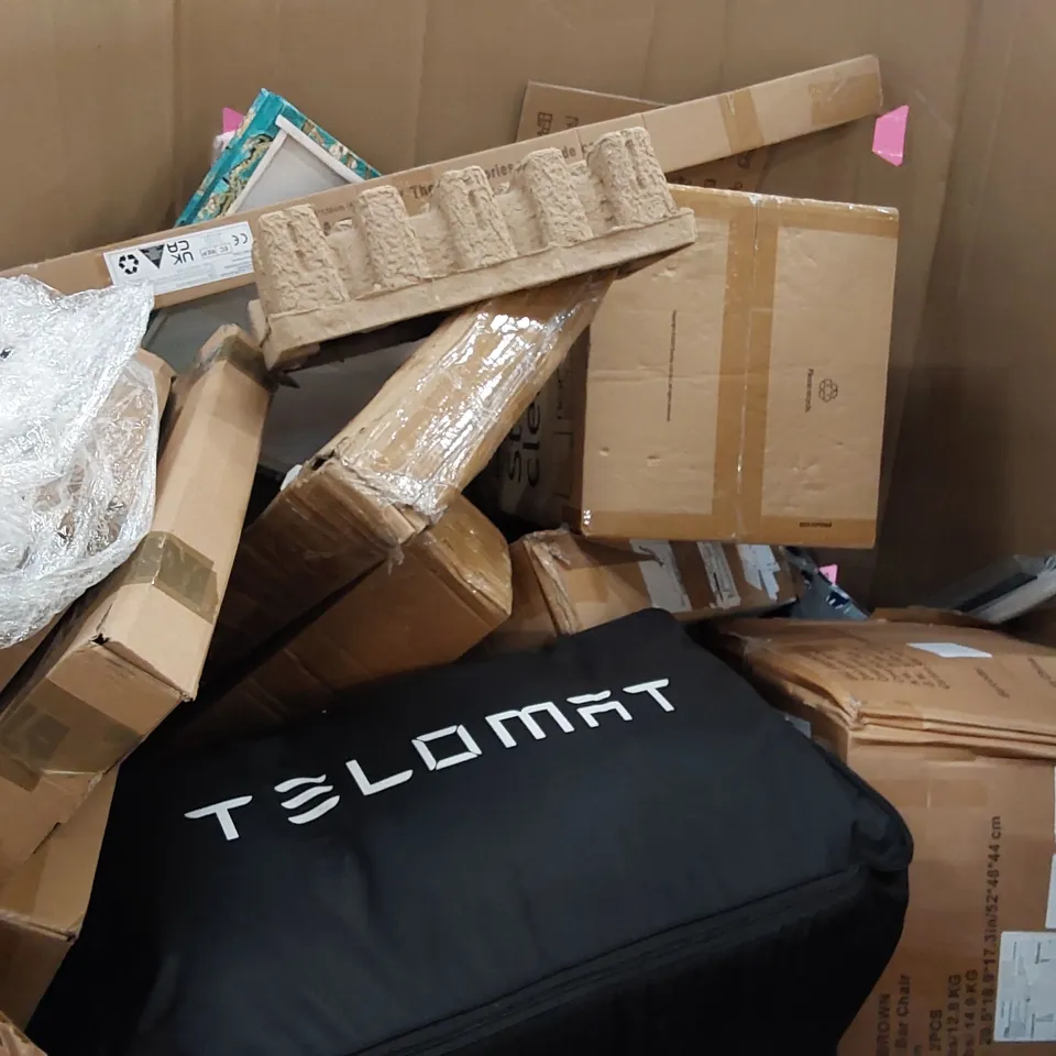 PALLET OF ASSORTED CONSUMER GOODS AND FURNITURE PRODUCTS TO INCLUDE; OFFICE CHAIR, BAR CHAIR, PRESSURE WASHER, PREMIUM AIR BED, ROTARY DEHUMIDIFIER, ELECTRIC POTATO PEELER, FABRIC WARDROBE ECT.