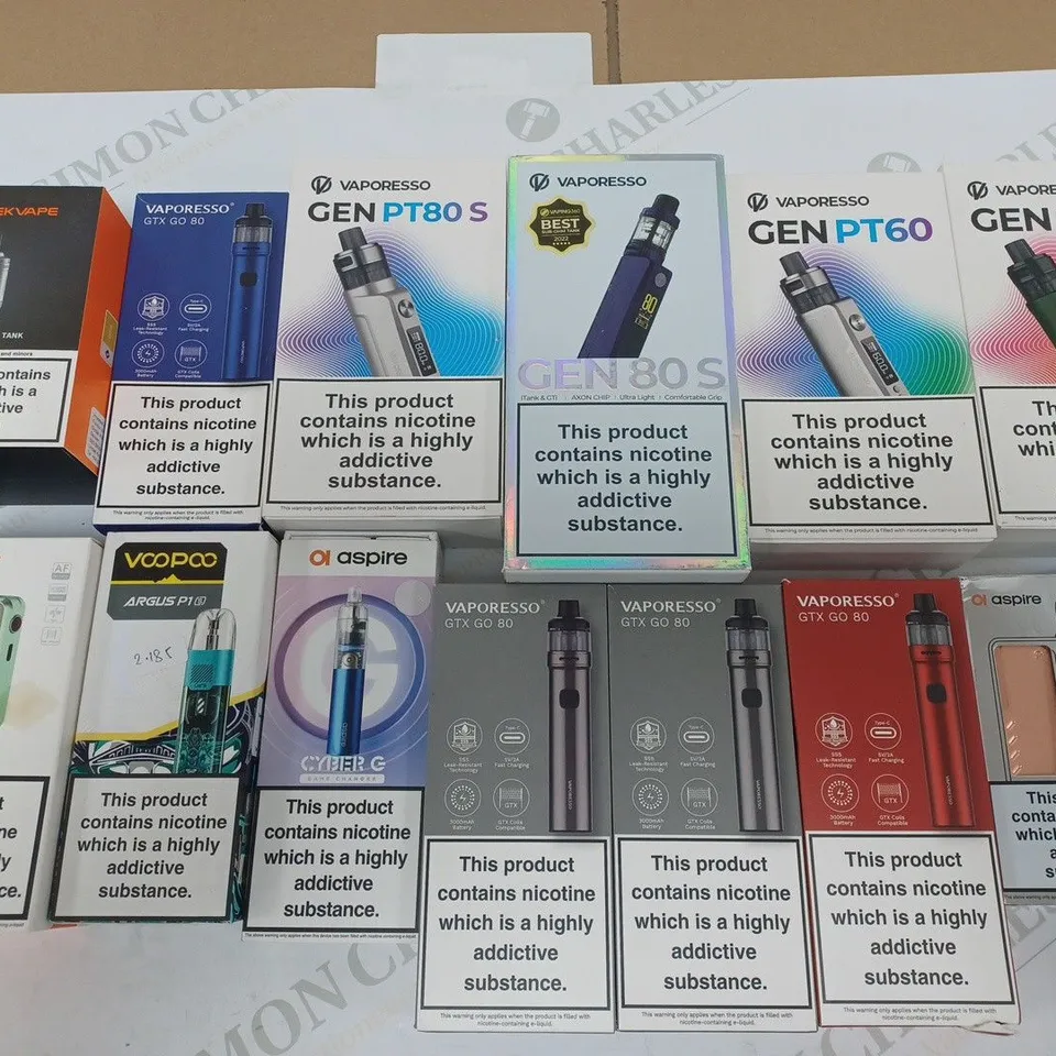 LOT OF 15 ASSORTED E-CIGS AND PARTS TO INCLUDE GEEKVAPE, VAPORESSO AND VOOPOO