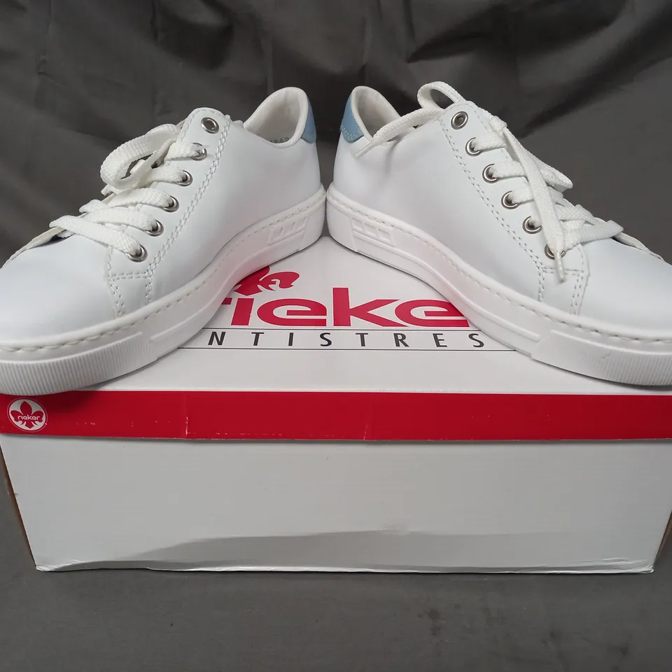 BOXED PAIR OF RIEKER TRAINERS IN WHITE/MULTI SIZE 6