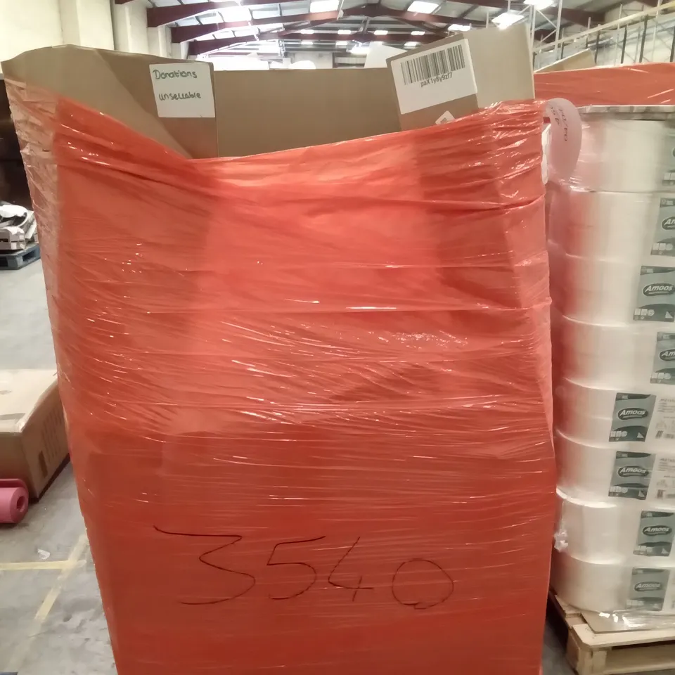 PALLET OF ASSORTED ITEMS INCLUDING KIDS TRICYCLE, HUANUO LAP DESK, TPE YOGA MAT, CELTIC POSTER, DOMISL FOLDING BRACKETS, KEYLITOS DEHUMIDIFIER
