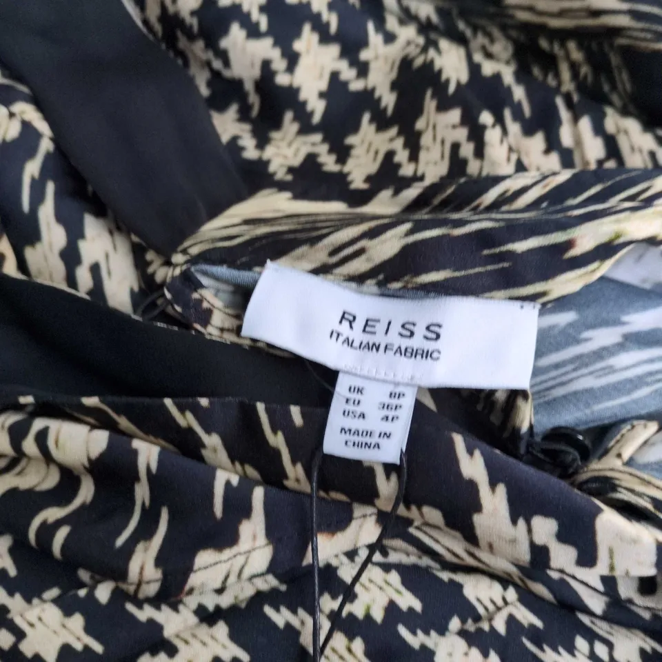 REISS WOMEN'S DRESS – BLACK & IVORY ABSTRACT PRINT, LONG SLEEVES, TIE-WAIST (UK 8)