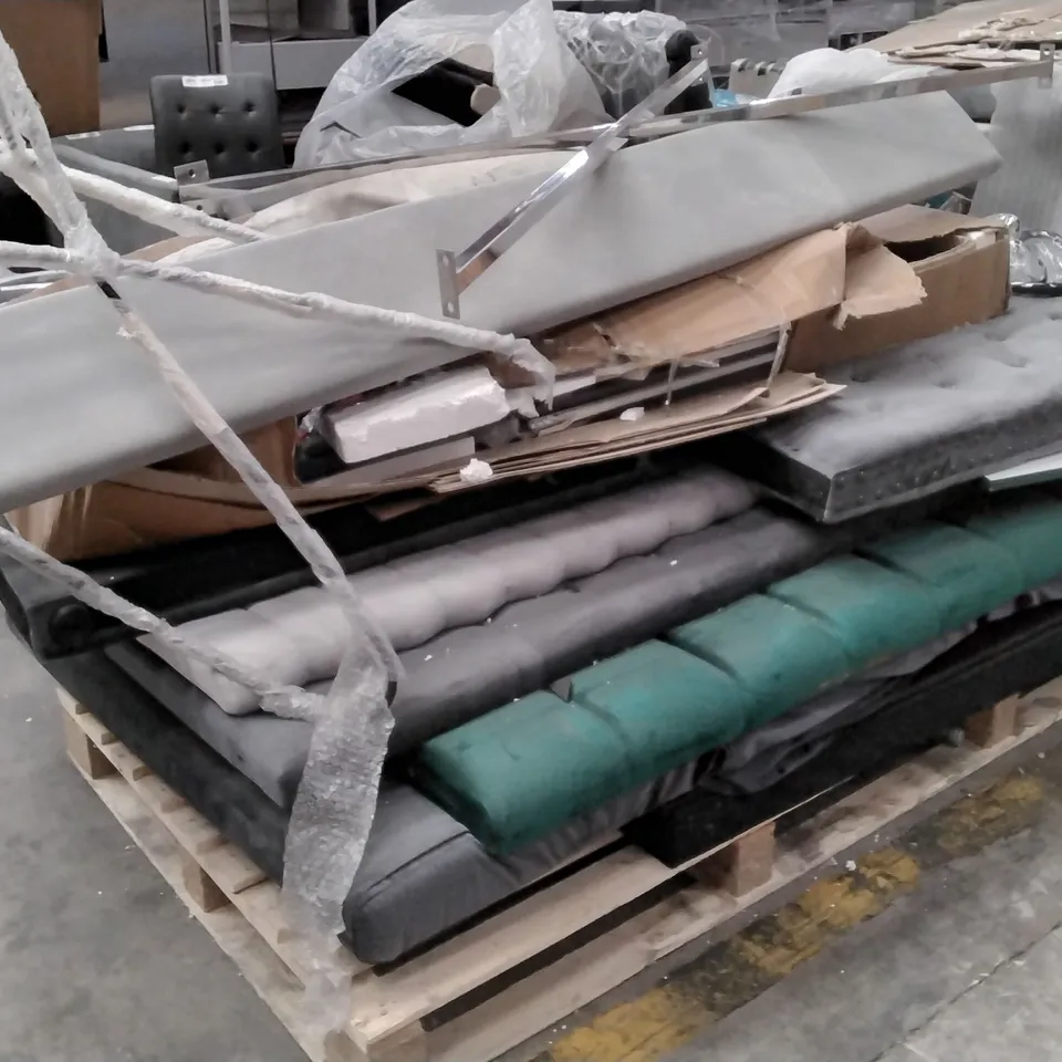 PALLET OF ASSORTED FURNITURE PARTS INCLUDING VELVET HEADBOARDS, SIDEBOARDS, BUNK BED PARTS 