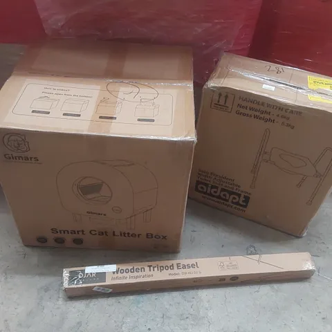 PALLET CONTAINING A VERY LARGE QUANTITY OF ASSORTED ITEMS INCLUDING: SMART CAT LITTER BOX, WOODEN TRIPOD EASEL, TOILET SEAT FRAME ECT
