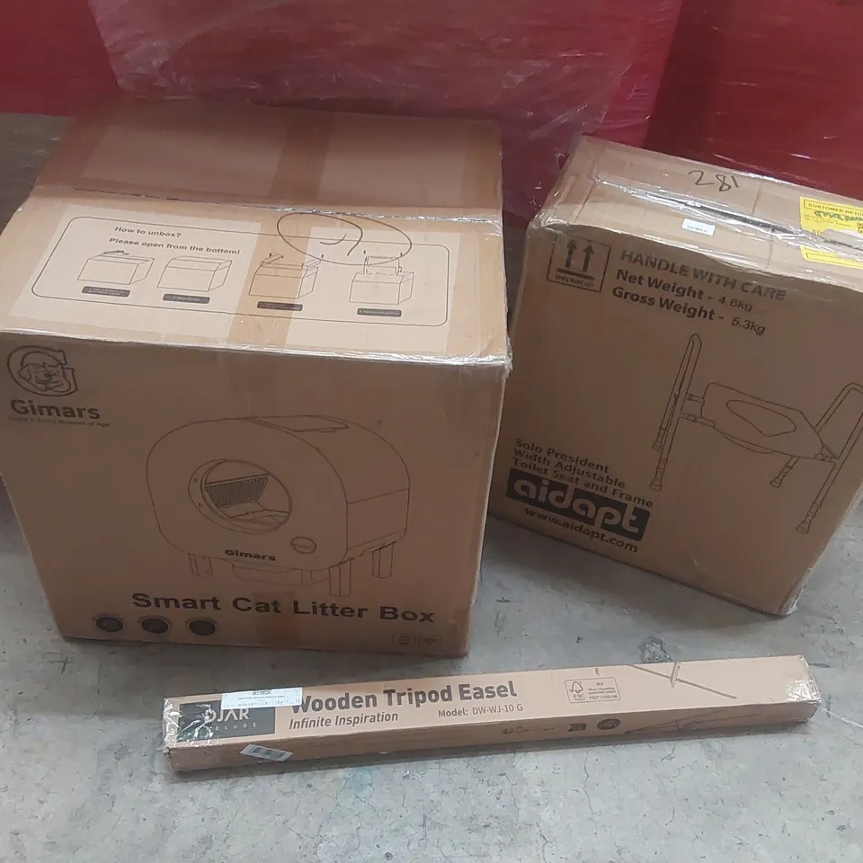 PALLET CONTAINING A VERY LARGE QUANTITY OF ASSORTED ITEMS INCLUDING: SMART CAT LITTER BOX, WOODEN TRIPOD EASEL, TOILET SEAT FRAME ECT