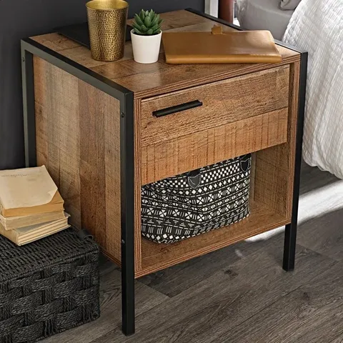BOXED HOXTON DRAWER BEDSIDE TABLE COLOUR: VINTAGE WOOD/BLACK