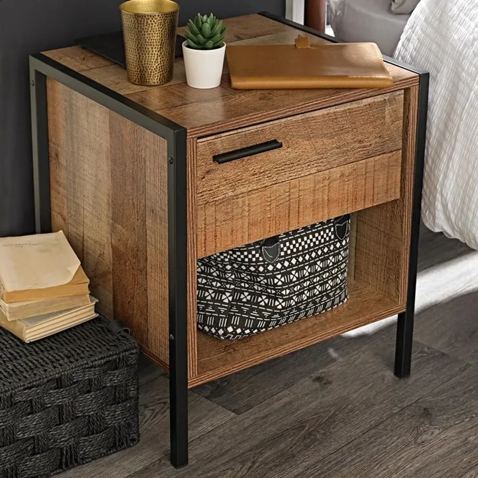 BOXED HOXTON DRAWER BEDSIDE TABLE COLOUR: VINTAGE WOOD/BLACK