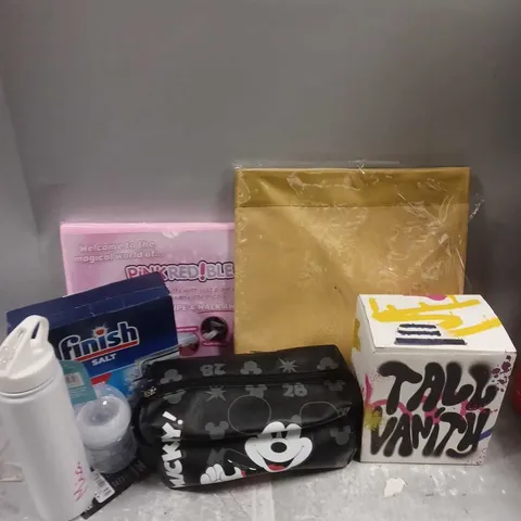 LARGE BOX OF APPROXIMATELY 12 ASSORTED HOUSEHOLD ITEMS TO INCLUDE - finish dishwasher salt - made by Mitchell cosmetic bag - Disney mickey mouse cosmetic bag - ETC