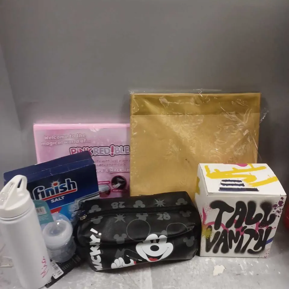 LARGE BOX OF APPROXIMATELY 12 ASSORTED HOUSEHOLD ITEMS TO INCLUDE - finish dishwasher salt - made by Mitchell cosmetic bag - Disney mickey mouse cosmetic bag - ETC