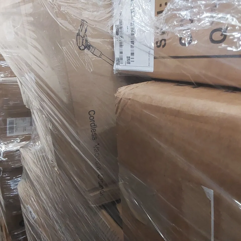 PALLET CONTAINING A LARGE ASSORTMENT OF CONSUMER PRODUCTS INCLUDING: CORDLESS VACUUM CLEANER, KICK SCOOTER, STANDING CLOTHES HANGER ECT