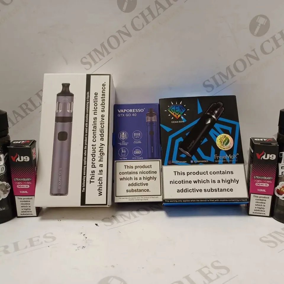 LOT OF APPROX 7 ASSORTED E-CIGARETTE PRODUCTS TO INCLUDE ENDURA T20 S, VAPORESSO GTX GO 40, GEMM 80W STARTER KIT, ETC