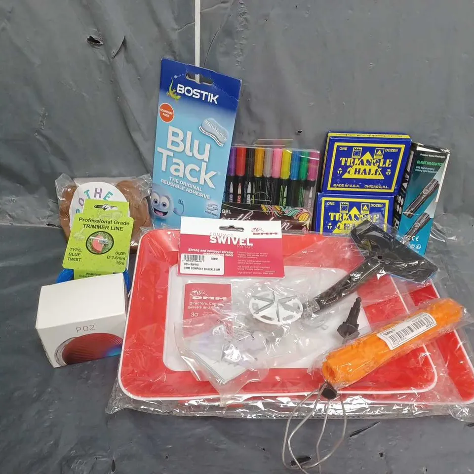 APPROXIMATELY 15 ASSORTED ITEMS TO INCLUDE TRIANGLE CHALK, GEL OUTLINE PEN, PROFESSIONAL GRADE TRIMMER LINE, FLASHLIGHT, BLU TACK 