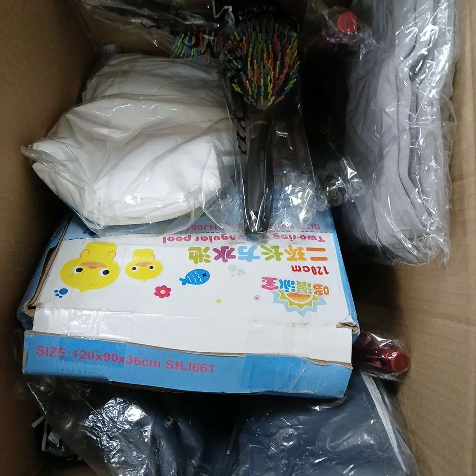 BOX OF APPROXIMATELY 10 ASSORTED HOUSEHOLD ITEMS TO INCLUDE - HAIRBRUSHES - CARRY CASE - CD & OFFICE RACK - ETC
