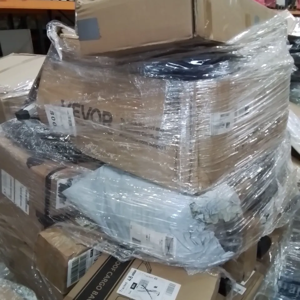 PALLET CONTAINING VARIOUS ASSORTED ITEMS TO INCLUDE, WATERPROOF CARGO BAG, VACUUM CLEANER, AND LOTS MORE UNMARKED BOXED ITEMS 
