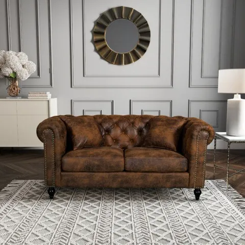 BOXED MILLINGS 170CM SCROLL ARMS CHESTERFIELD LOVESEAT - MICROFIBRE SUEDE BROWN (1 BOX)