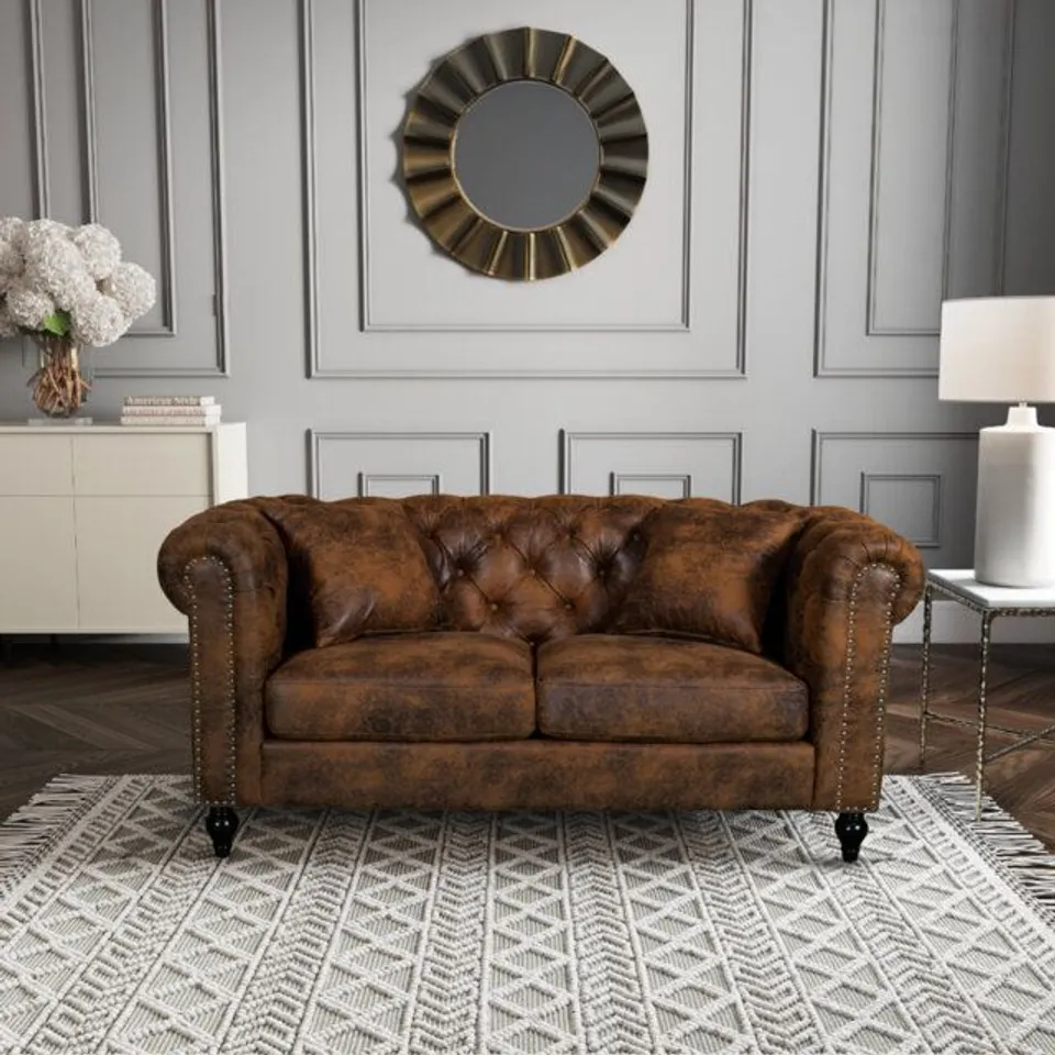BOXED MILLINGS 170CM SCROLL ARMS CHESTERFIELD LOVESEAT - MICROFIBRE SUEDE BROWN (1 BOX)