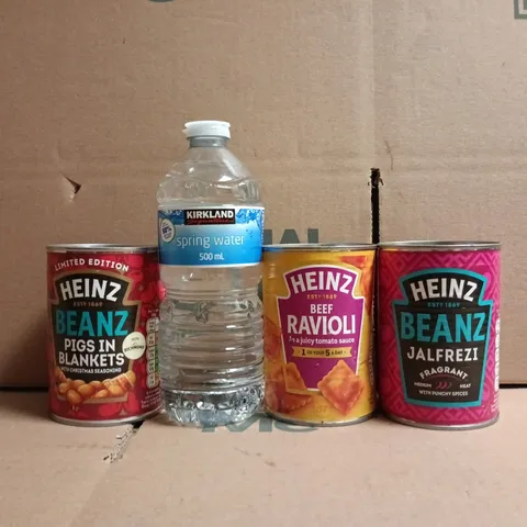 APPROXIMATELY 8 ASSORTED FOOD AND DRINK ITEMS TO INCLUDE BEANS JALFREZI, BEEF RAVIOLI, WATER, ETC