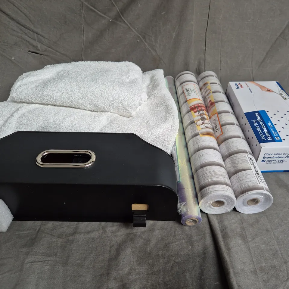 BOX OF APPROXIMATELY 15 ASSORTED HOUSEHOLD ITEMS TO INCLUDE - TOWEL - WALLPAPER - GLASS WINDOW FILM - ETC