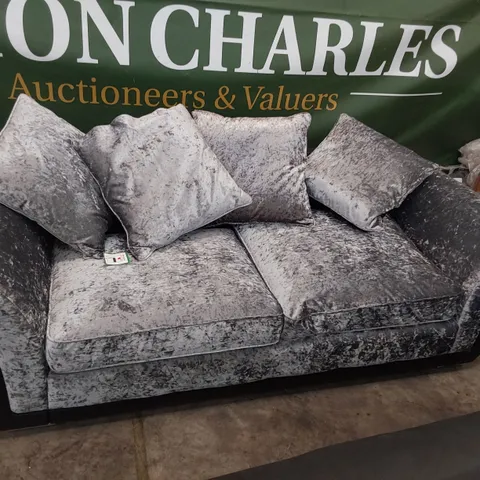 DESIGNER THREE SEATER SOFA BLACK FAUX LEATHER & CRUSHED SILVER VELVET WITH SCATTER CUSHIONS