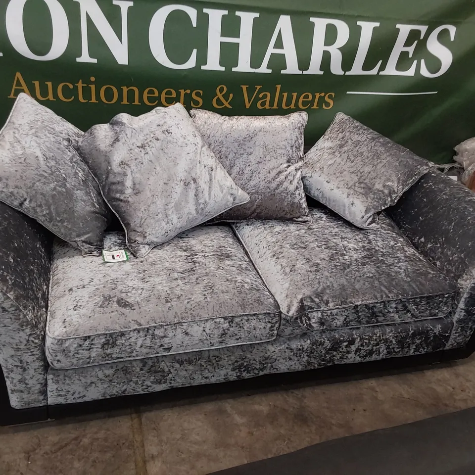 DESIGNER THREE SEATER SOFA BLACK FAUX LEATHER  & CRUSHED SILVER VELVET WITH SCATTER CUSHIONS 
