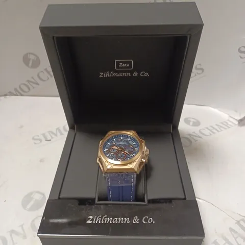 MEN’S ZIHLMANN & CO CHRONOGRAPH WATCH – MODEL ZC100 – STAINLESS STEEL CASE – BLUE DIAL WITH SUB DIALS – 5ATM WATER RESISTANT – BLUE STRAP