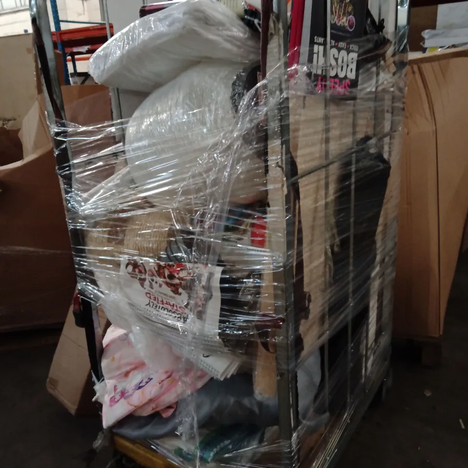 CAGE OF ASSORTED ITEMS TO INCLUDE;SHOES,BASKET,BACKPACK,BOOK, JEWELLERY ORGANISER,ETC