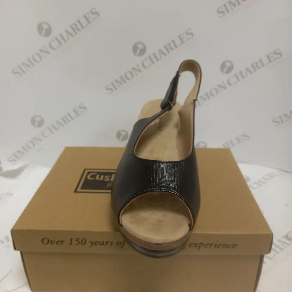 BOXED PAIR OF CUSHION WALK STRAPPY WEDGE HEELED SHOES, BLACK - SIZE 6