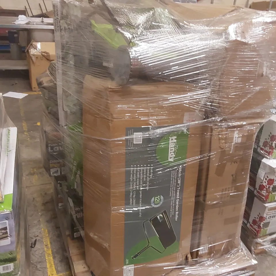 PALLET CONTAINING A LARGE QUANTITY OF ASSORTED GARDENING TOOLS INCLUDING: WEBB ELECTRIC LAWNMOWER, DUMP CART, TOWED GARDEN ROLLER, 500W ELECTRIC HEDGE TRIMMER ECT