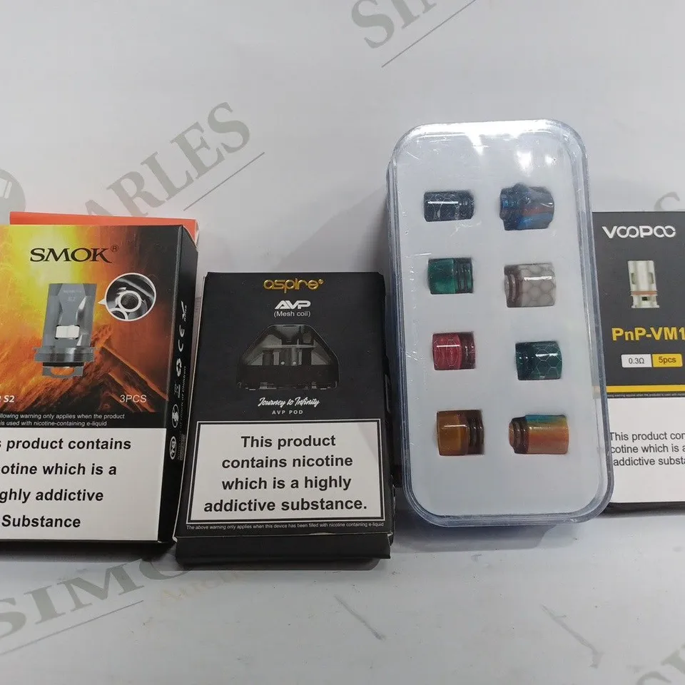 BOX OF APPROX 50 VAPE ACCESSORIES TO INCLUDE - VOOPOO PNP-VM1 0.3 - ASPIRE AVP POD - SMOK MINI V2 S2 ECT