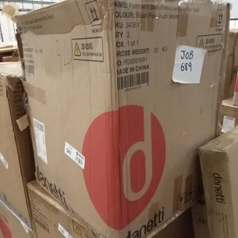 BOXED PAIR OF DANETTI FORM WITH BACK BRASS CANTILEVER BAR STOOL - BLUSH PINK VELVET 