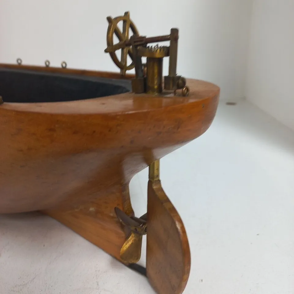 CARVED WOODEN 3FT MODEL BOAT WITH MECHANICAL RUDDER