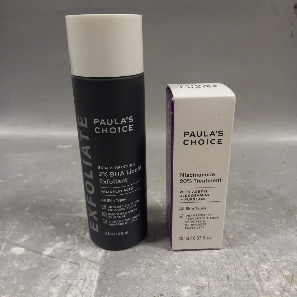 PAULA'S CHOICE LOT OF 2 ASSORTED SKINCARE PRODUCTS TO INCLUDE - NIACINAMIDE 20% TREATMENT - 2% BHA LIQUID EXFOLIANT