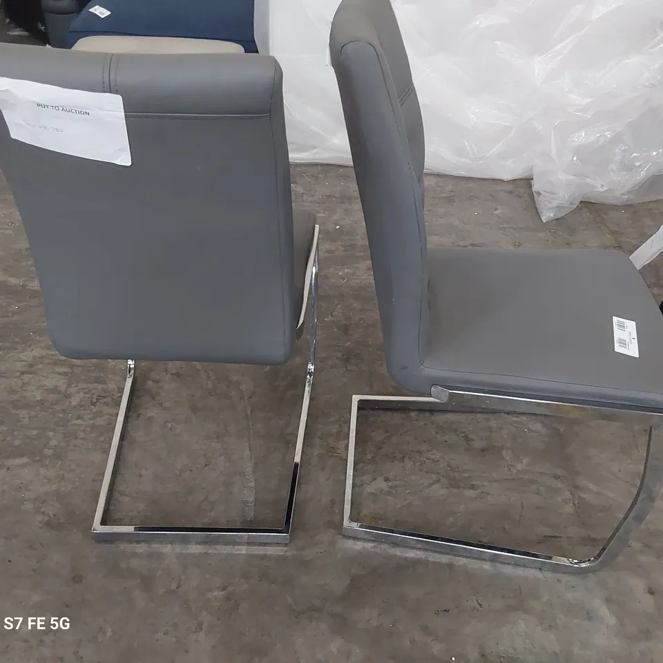 PAIR DESIGNER UPHOLSTERED DINING CHAIRS GREY PU ON CHROME FRAME