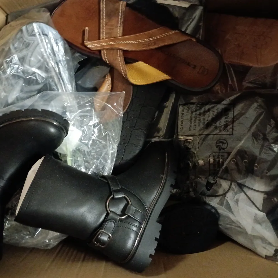 BOX OF APPROXIMATELY 15 ASSORTED PAIRS OF SHOES AND FOOTWEAR ITEMS IN VARIOUS COLOURS, STYLES, AND SIZES - COLLECTION ONLY