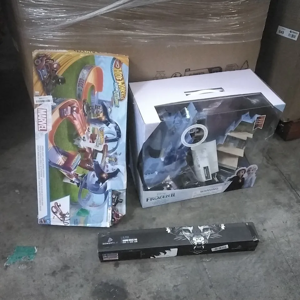 PALLET OF HOUSEHOLD ITEMS TO INCLUDE GAMING MOUSE PAD, HOTWHEELS RACER VERSE, FROZEN II CASTLE PLAYSET, BOOSTER SEAT AND OTHER ASSORTED ITEMS...
