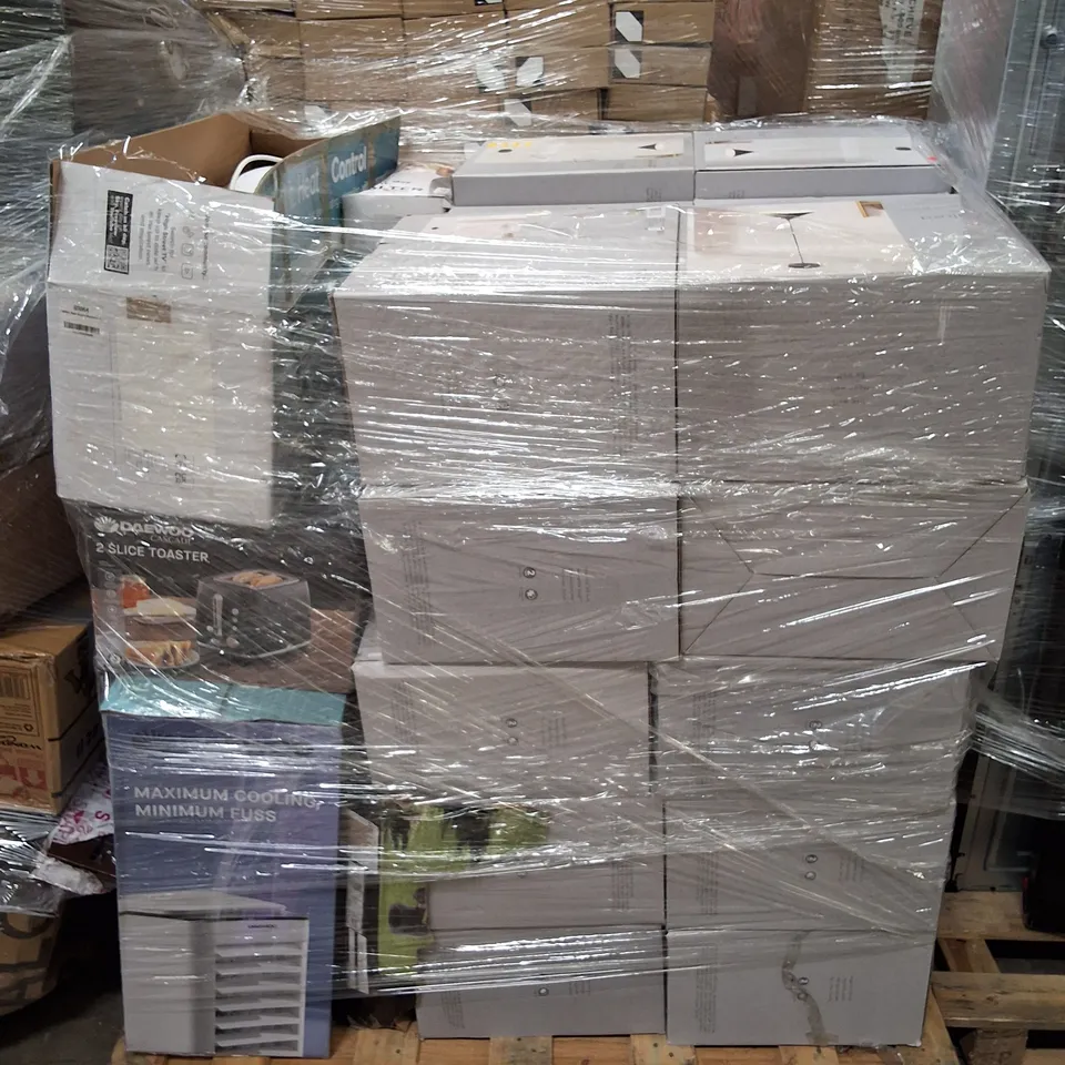 PALLET CONTAINING ASSORTED ELECTRICAL PRODUCTS INCLUDING METAL CONE LED CEILING FITTINGS, 2 SLICE TOASTER & BLADELESS FAN+HEATER 