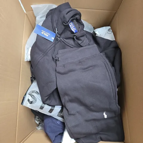 LARGE BOX OF ASSORTED CLOTHING ITEMS IN VARIOUS SIZES, STYLES AND COLOUR 