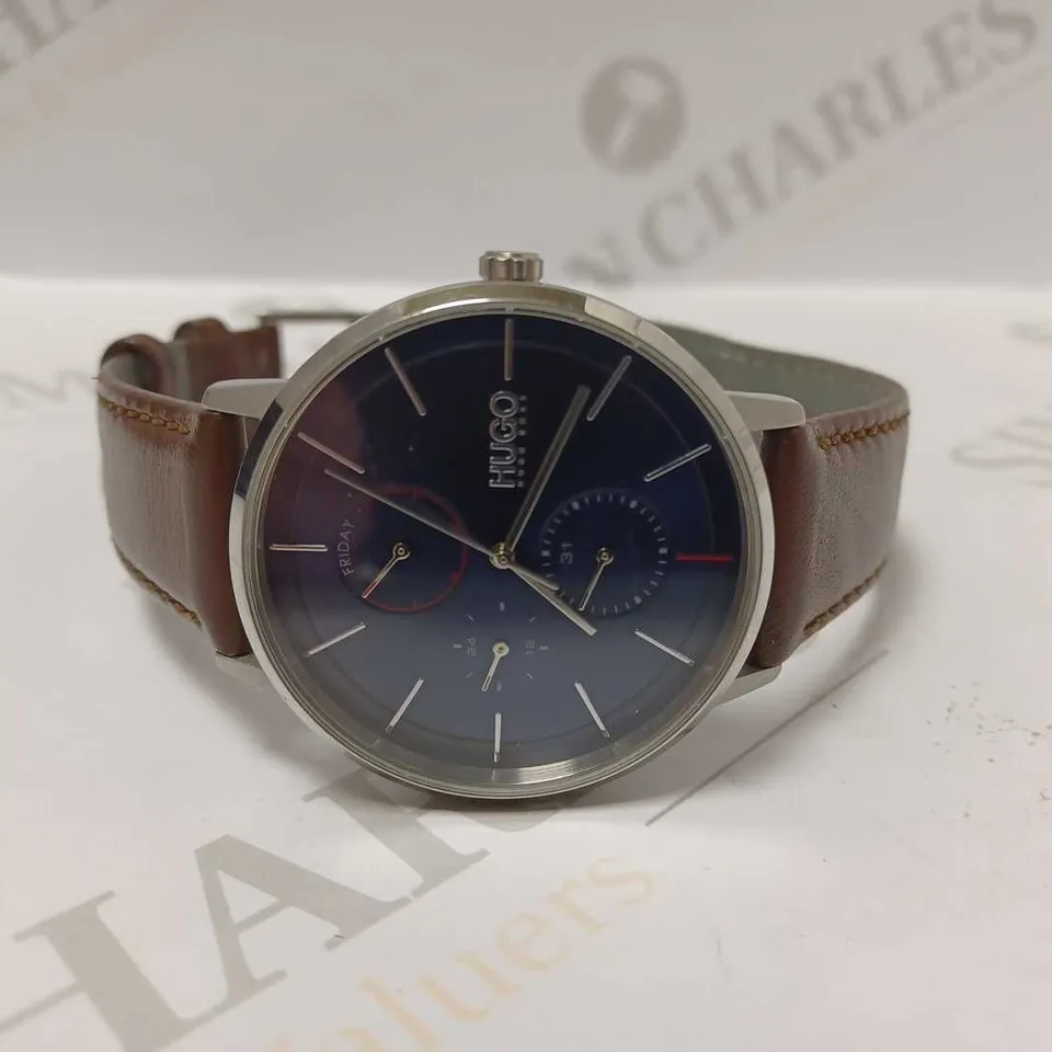 HUGO BOSS BLUE TRIPLE DIAL BROWN LEATHER STRAP WRISTWATCH 