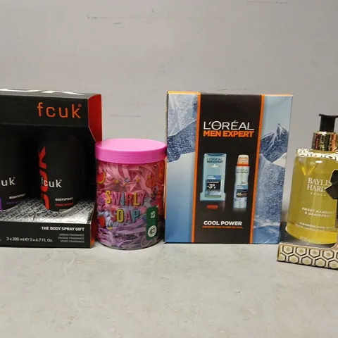 APPROXIMATELY 7 FRAGRANCE AND COSMETIC BOXSETS TO INCLUDE - FCUK THE BODY SPRAY GIFT , L'OREAL COOL POWER , SWIRLY SOAP ETC