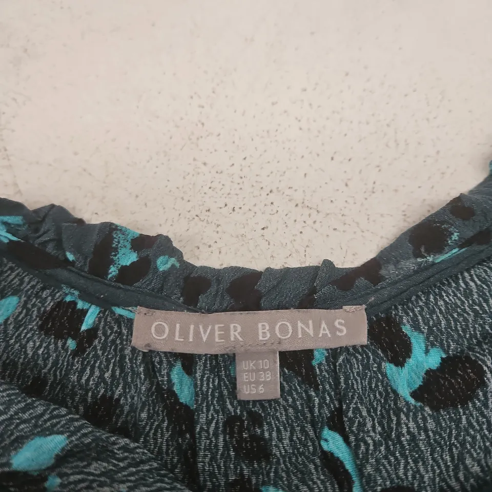 OLIVER BONAS WOMEN'S BLOUSE – TEAL/BLACK PRINT, UK 10