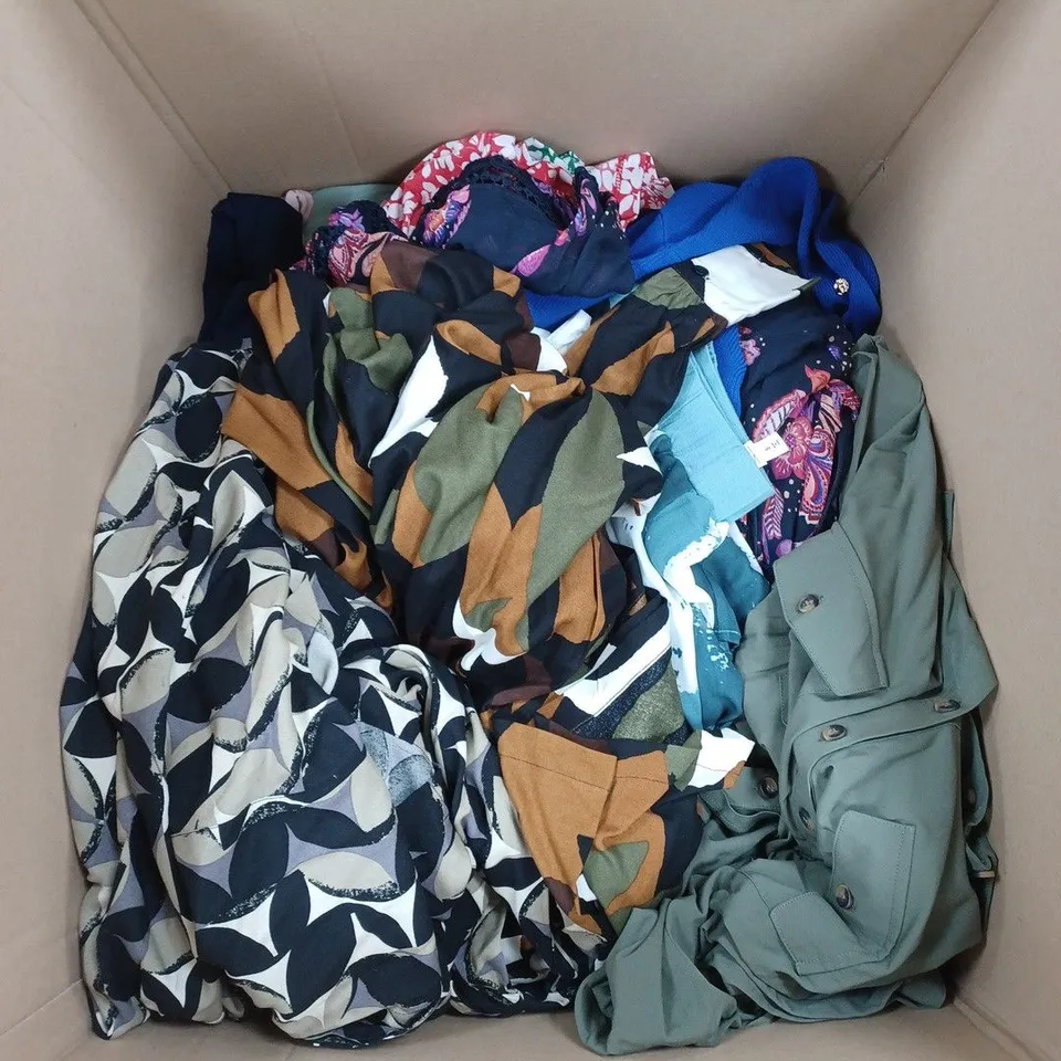 BOX OF APPROX 15 DRESSES, CARDIGANS & CULOTTES IN VARIOUS SIZES AND STYLES TO INCLUDE MONSOON, APRICOT, MASAI, ETC. - COLLECTION ONLY
