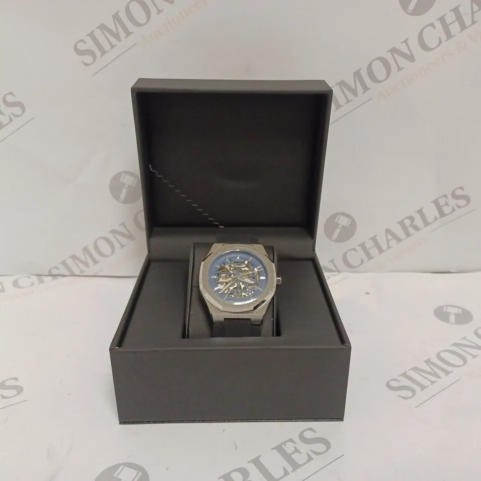 EDISON AUTOMATIC ROADSTER HEXAGON MENS WATCH - STAINLESS STEEL CASE - BLACK RUBBER STRAP - 3ATM WATER RESISTANT - DISPLAY BOX