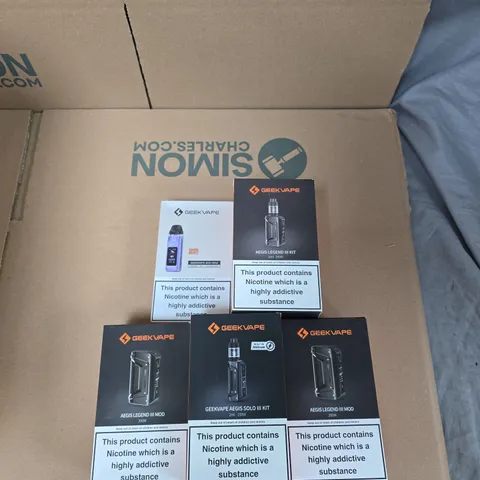 BOX OF APPROXIMATELY 30 ASSORTED E-CIGARETTES AND ACCOMPANIMENTS TO INCLUDE: VARIOUS GEEKVAPE ITEMS 