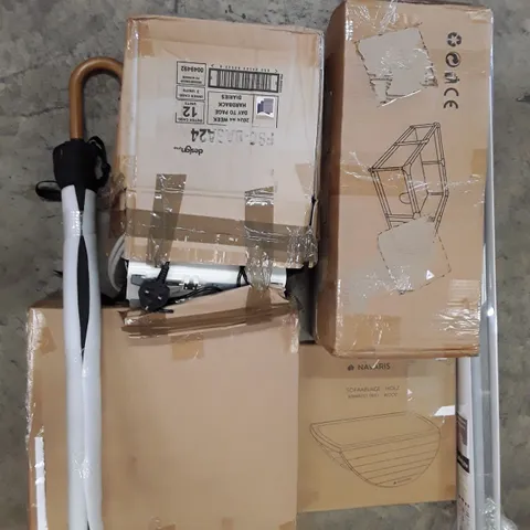 PALLET OF ASSORTED HOUSEHOLD GOODS TO INCLUDE UMBRELLAS, BLINDS AND FURNITURE ECT