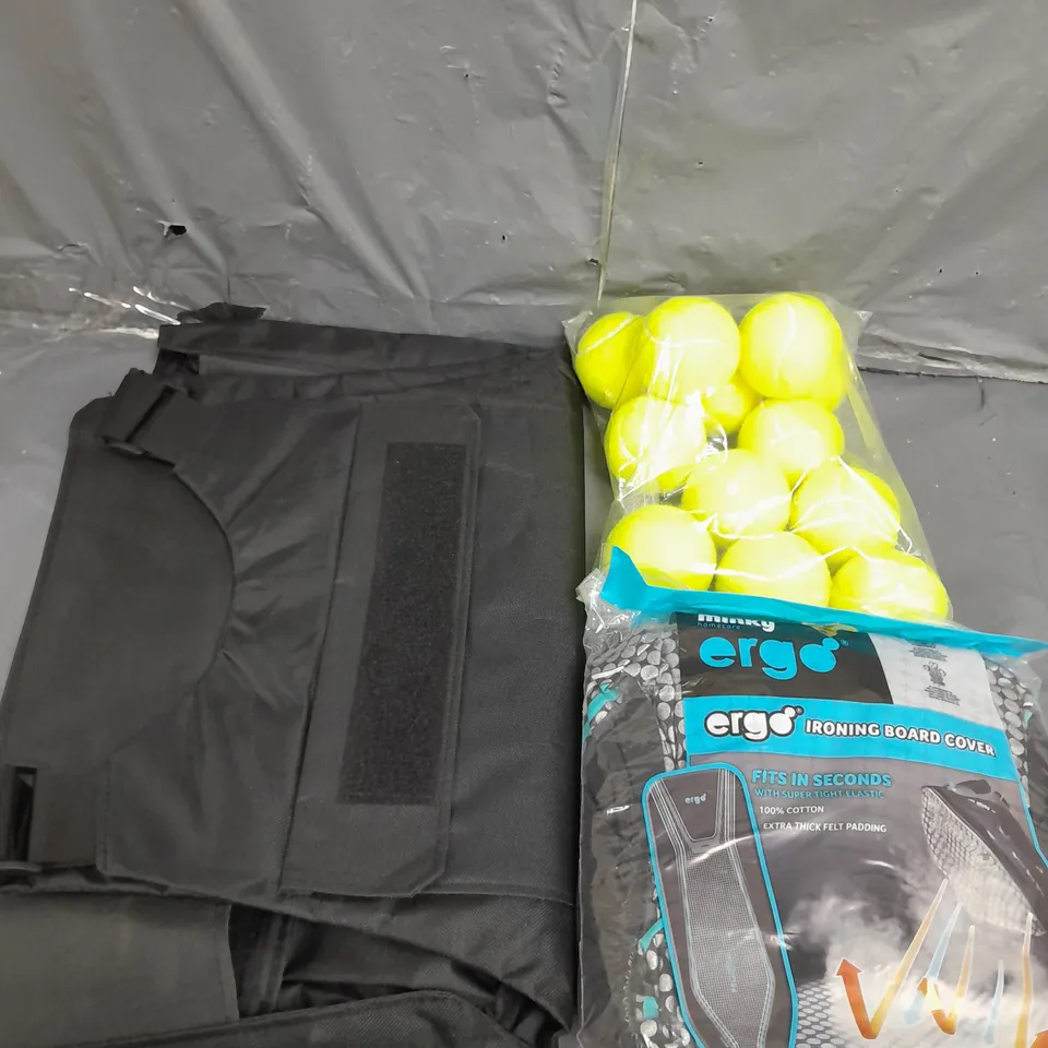 APROXIMATELY 15 ASSORTED HOUSEHOLD ITEMS TO INCLUDE IRONING BOARD COVER , TENNIS BALLS , ETC 
